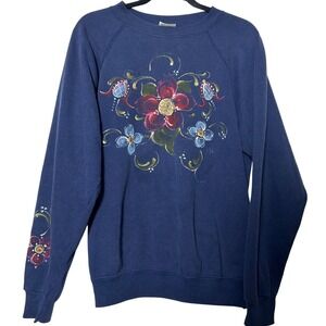 Vintage 80s 90s Navy Blue Floral Art Sweatshirt XL Made in USA